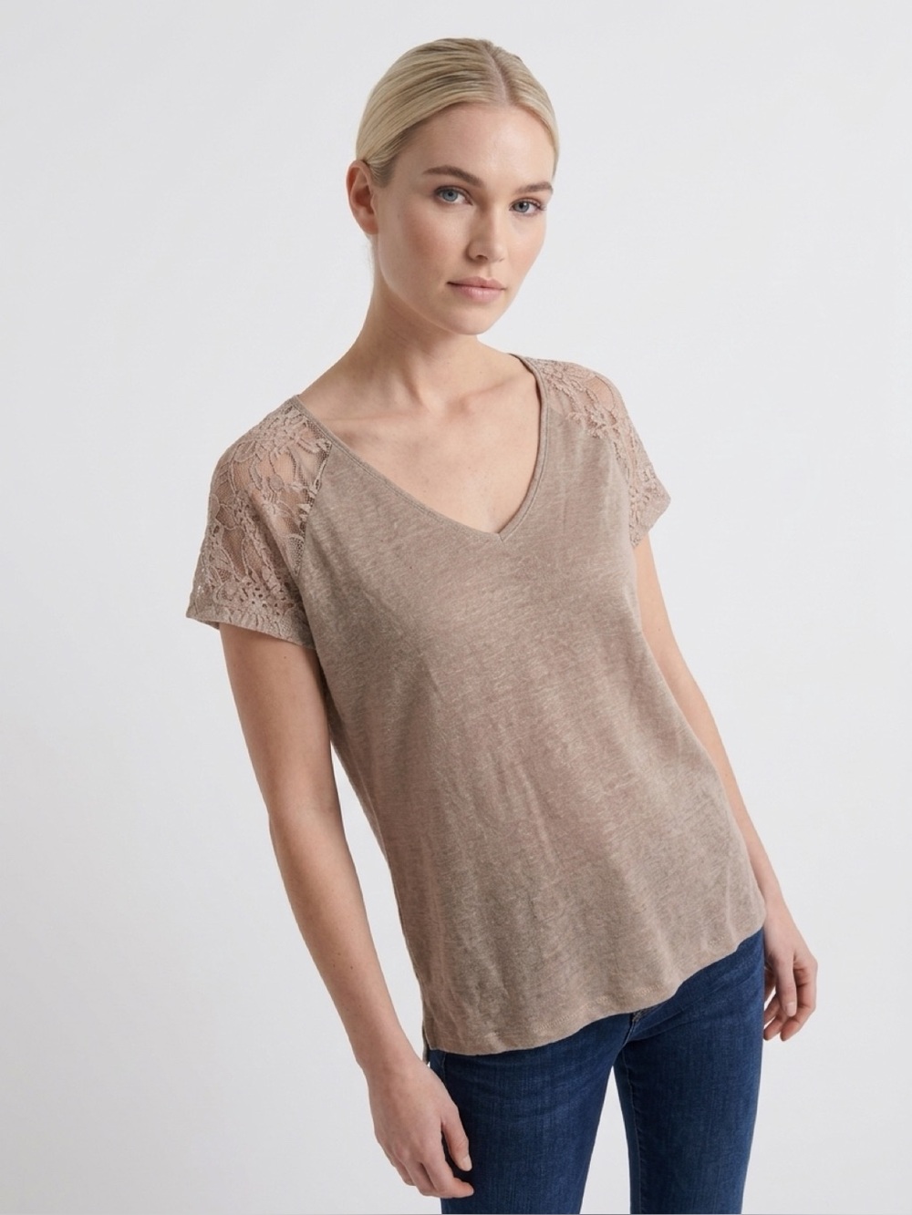 NWT H&M Large Taupe Lace-Sleeve V-Neck Top